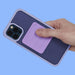 Phone case with a purple card holder on a blue background