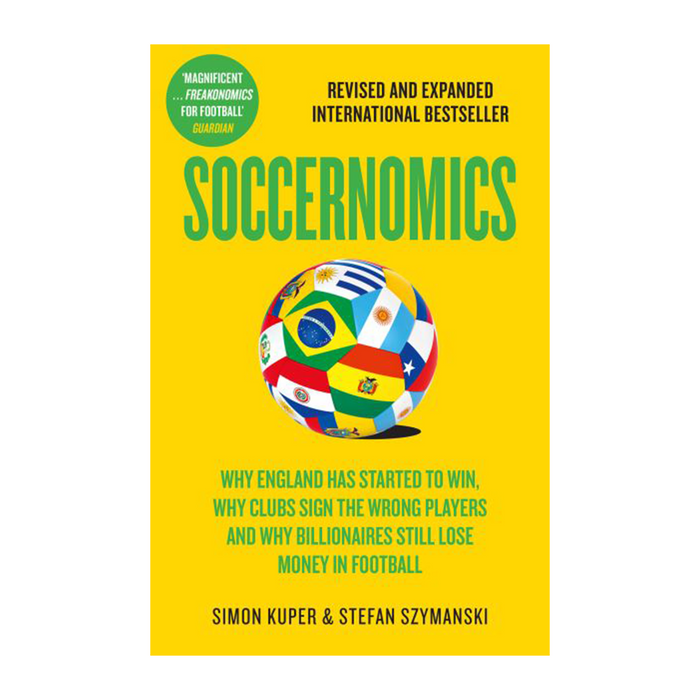 Yellow book cover of 'Soccernomics' with a white background.