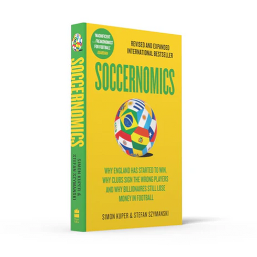 Book titled 'Soccernomics' with a colorful design on a white background