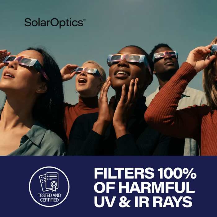 Several people outdoors wearing SolarOptics UV-blocking solar eclipse viewers, looking up at the sun. The image includes the SolarOptics brand name at the top and a dark blue banner at the bottom with the text 'FILTERS 100% OF HARMFUL UV & IR RAYS' and a 'Tested and Certified' badge.