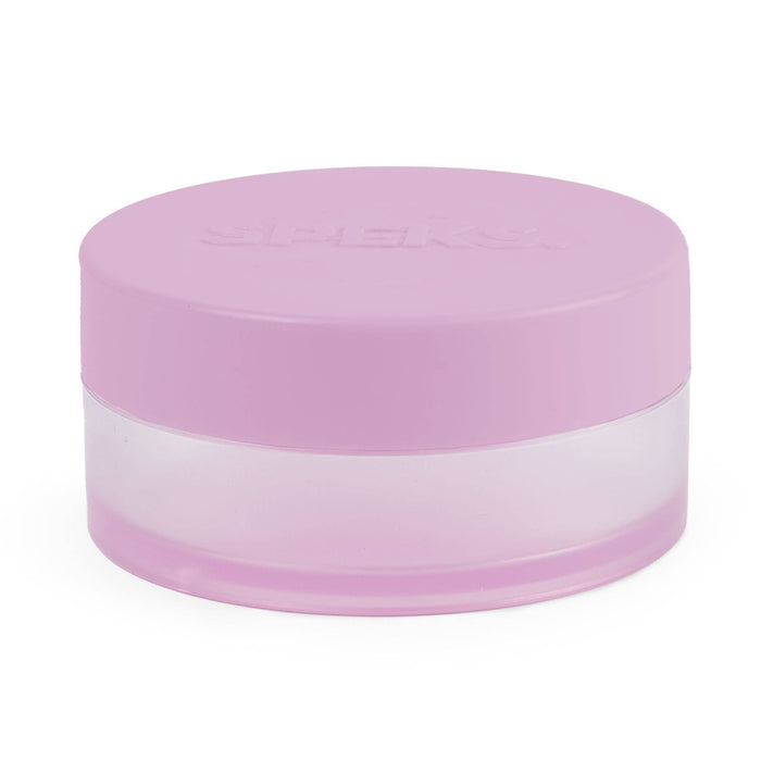 Pink and white container with a lid on a white background