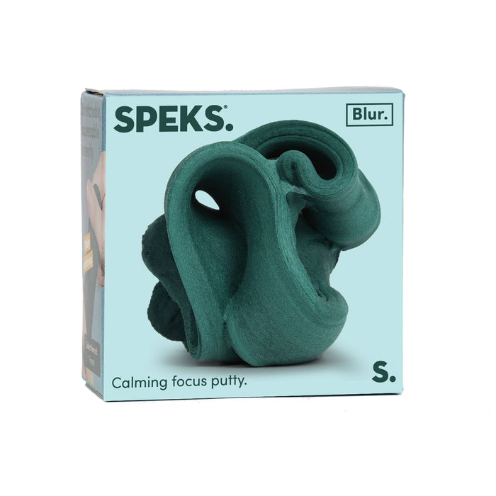 Speks calming focus putty packaging with teal putty on a light blue background
