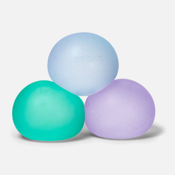 Three pastel-colored balls (blue, green, purple) on a light gray background