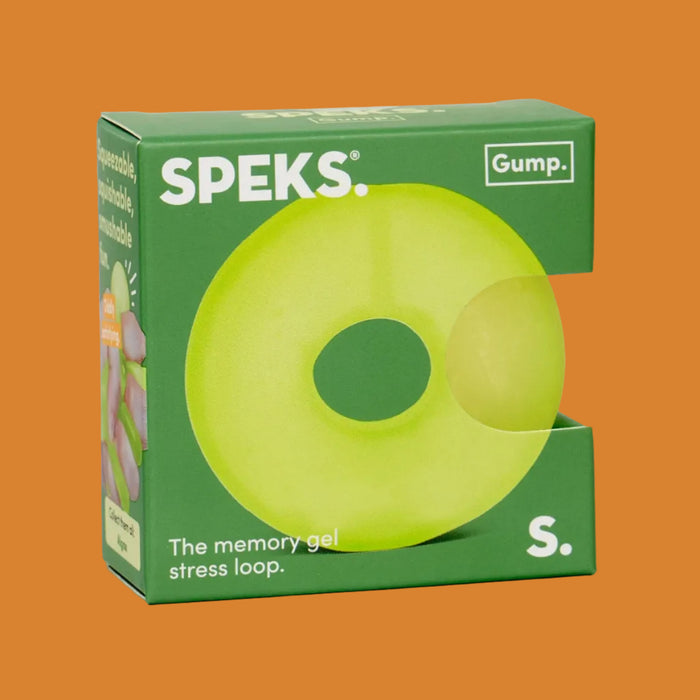 Green stress ball product with Speks branding on a white background