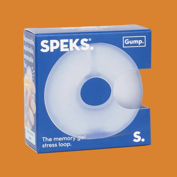 Speks memory gel stress loop packaging with blue background