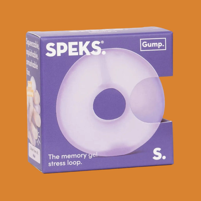 Purple packaging of Speks Gump memory gel stress loop on a white background