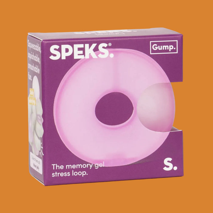 Purple packaging of Speks memory gel stress loop with visible branding on a white background