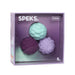 Speks product packaging with three textured balls on a purple background