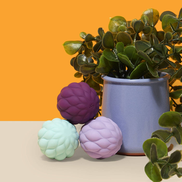 Colorful brain-shaped stress balls in front of a potted plant on an orange background