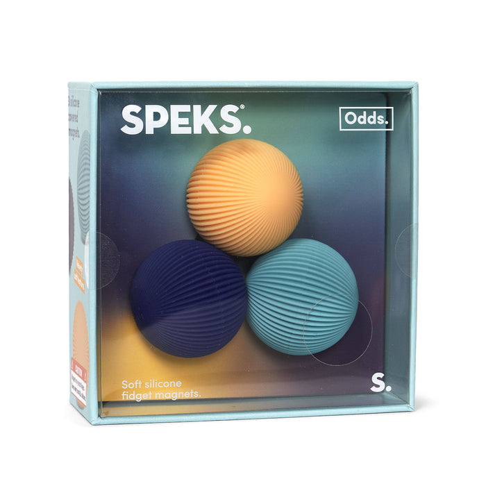 Speks soft silicone fidget magnets packaging with three colored balls on a white background