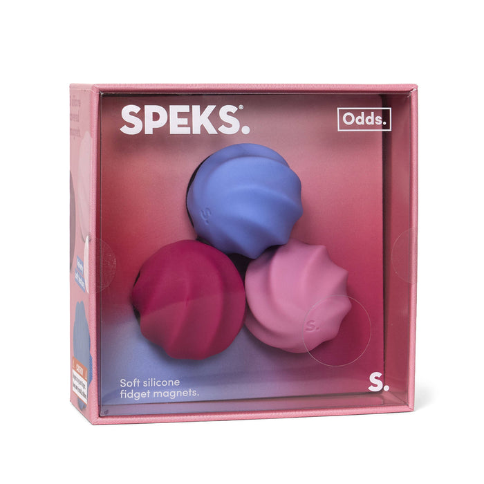 Speks soft silicone fidget magnets in a pink box on a white background