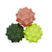 Three textured stress balls in green, brown, and yellow on a white background