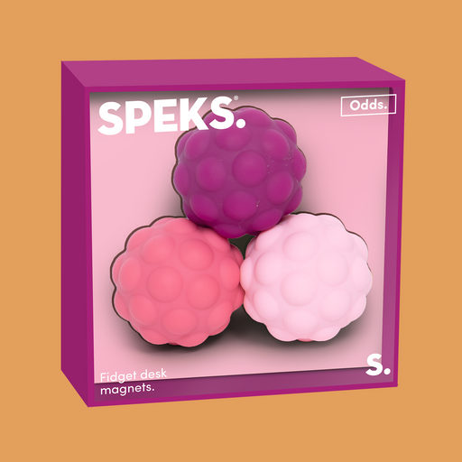 A boxed product on a solid tan background. The box is magenta with a pink interior window showing three bubble-textured magnets: one dark purple, one pink, and one light pink.