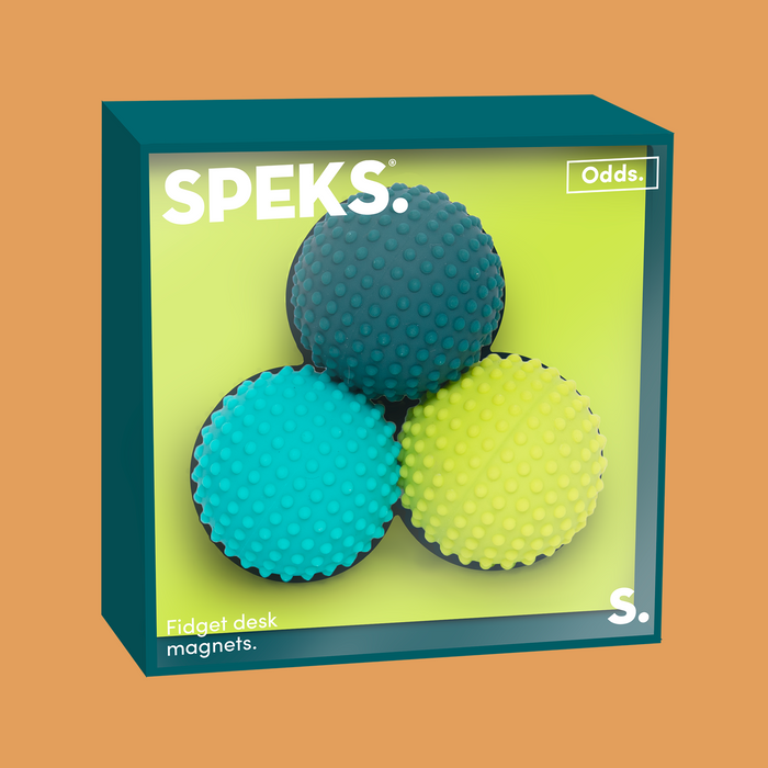 A boxed set of three textured fidget desk magnets by SPEKS. The package shows three spherical magnets stacked in a pyramid, with one dark teal, one bright cyan, and one lime green, visible through a clear front window.
