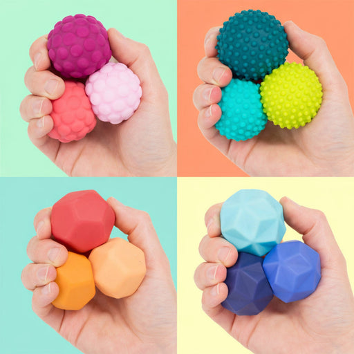 Four hands holding colorful stress balls in a 2x2 grid. The top-left panel shows two textured stress balls (pink and purple) on a mint background.