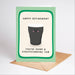 A square retirement greeting card with a light green border and a cartoon pint glass illustration, shown standing upright with a brown envelope on a light gray background. The card reads 'HAPPY RETIREMENT' and 'YOU'VE DONE A STOUTANDING JOB'.
