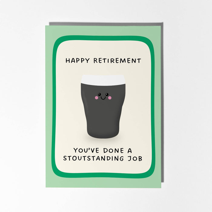 A square retirement greeting card shown standing upright against a light gray background. The card has a pale green border, a cream center panel, and a cartoon pint glass with a smiling face.