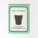 A square retirement greeting card shown standing upright against a light gray background. The card has a pale green border, a cream center panel, and a cartoon pint glass with a smiling face.