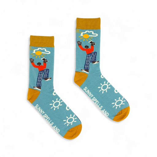 Colorful socks with a design of a person holding a sun, on a white background