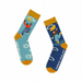 Two socks with weather-themed designs on a white background