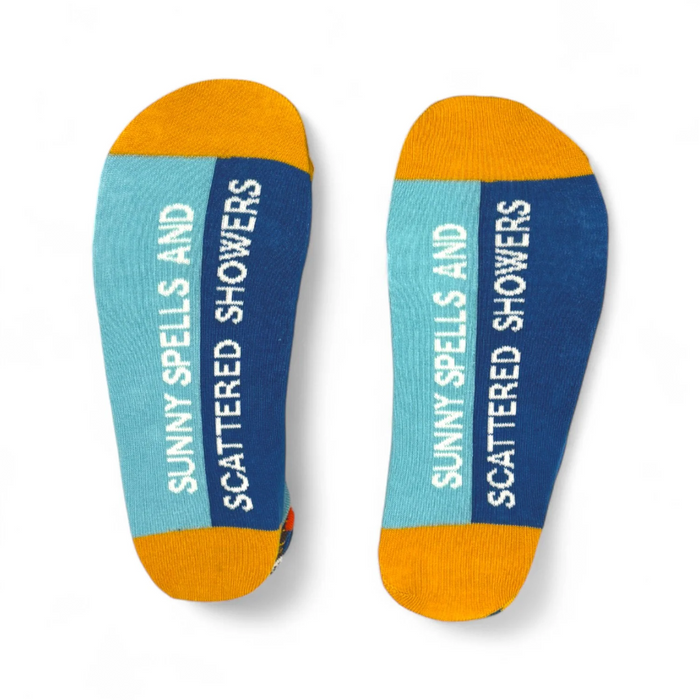 Pair of socks with 'Sunny Spells and Scattered Showers' text on a white background