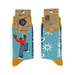 A pair of colorful crew socks shown in both front and back views with their cardboard hangers. The socks feature a light blue body with a cartoon figure in a red shirt and blue pants, yellow toes, white sun graphics, and blue side panels.