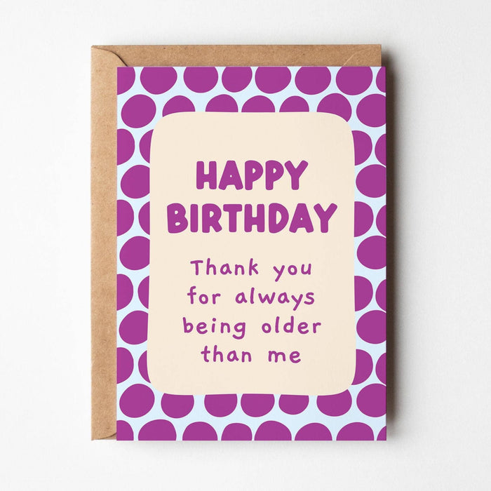 Birthday card with purple polka dot pattern and humorous message on a white background