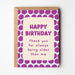 Birthday card with purple polka dot pattern and humorous message on a white background
