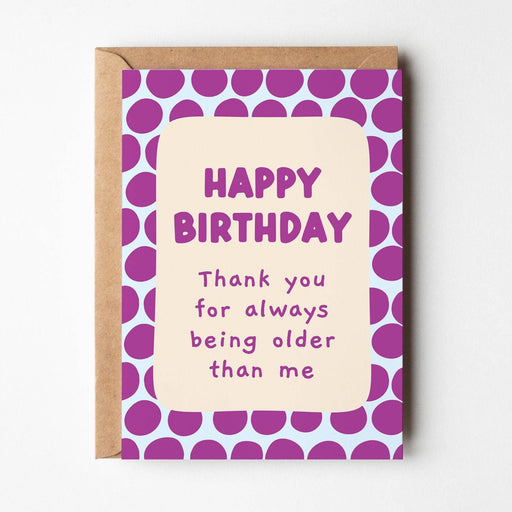 Birthday card with purple polka dot pattern and humorous message on a white background