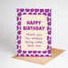 Birthday card with purple polka dot border and humorous message on a white background