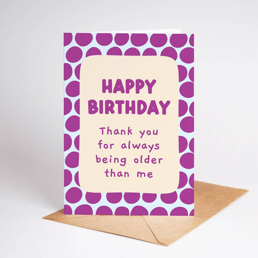 Birthday card with purple polka dot border and humorous message on a white background