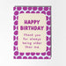 Birthday card with purple polka dot border and humorous message on a light background
