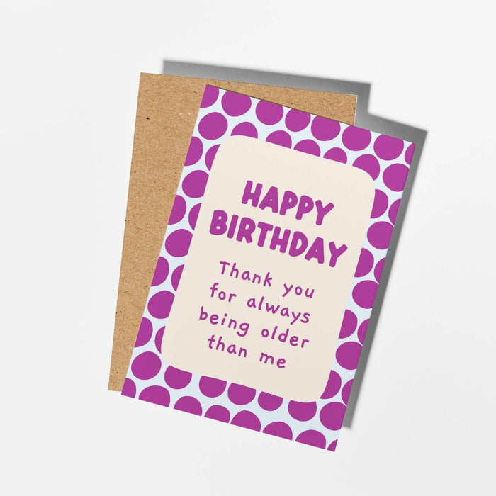 Birthday card with purple polka dots and humorous message on a white background