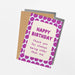 Birthday card with purple polka dots and humorous message on a white background