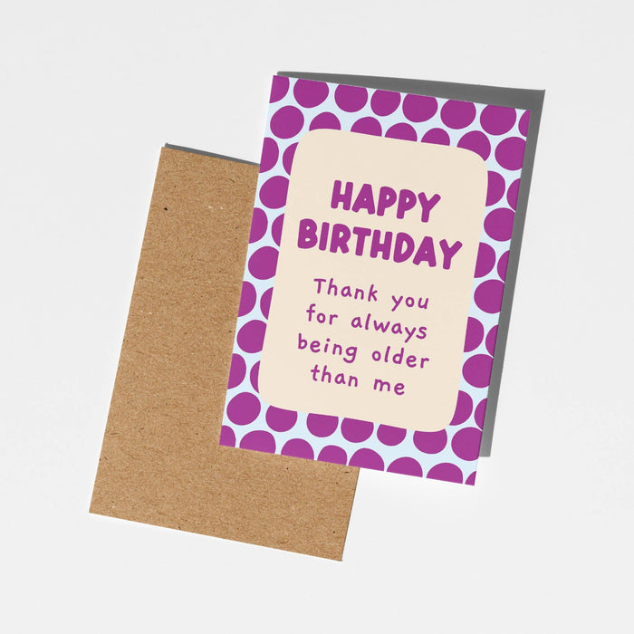 Birthday card with purple polka dot border and humorous message on a white background