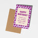 Birthday card with purple polka dot border and humorous message on a white background