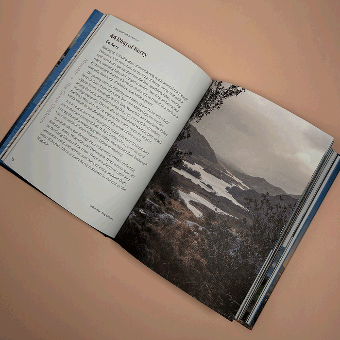 open spread of book titled ' the great irish bucket list' on top of a light pink background