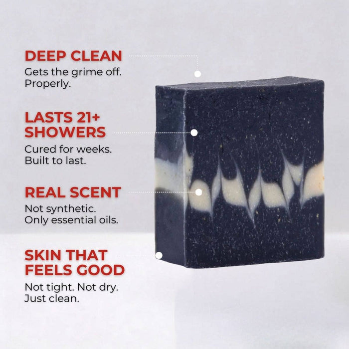 Bar of soap with text highlighting features on a gray background