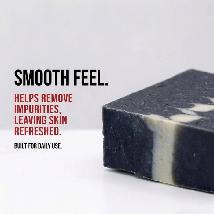 Bar of soap with text about its benefits on a white background