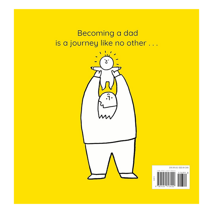Book cover with a yellow background and a white illustration of a father holding a child, accompanied by text.