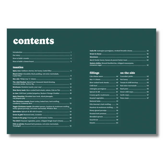 A printed cookbook or recipe booklet page showing a dark teal contents table of contents with white text, photographed against a light gray background.