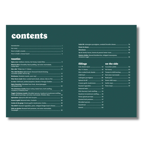 A printed cookbook or recipe booklet page showing a dark teal contents table of contents with white text, photographed against a light gray background.
