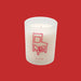 White candle with a red chair design and 'to:from' text on a white background