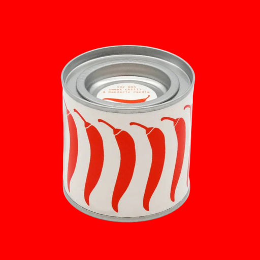 Metal can with red and white striped design on a white background