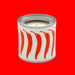 Candle in a can with red and white design on a white background