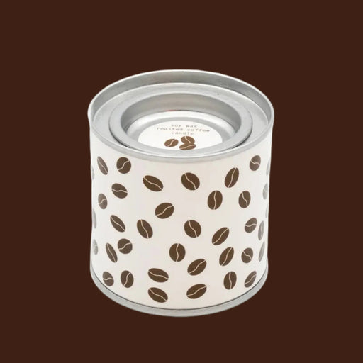 Candle in a tin with coffee bean pattern on a white background