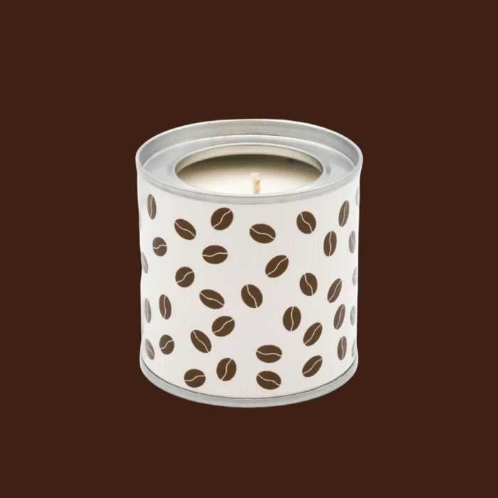 Candle in a tin with coffee bean pattern on a white background