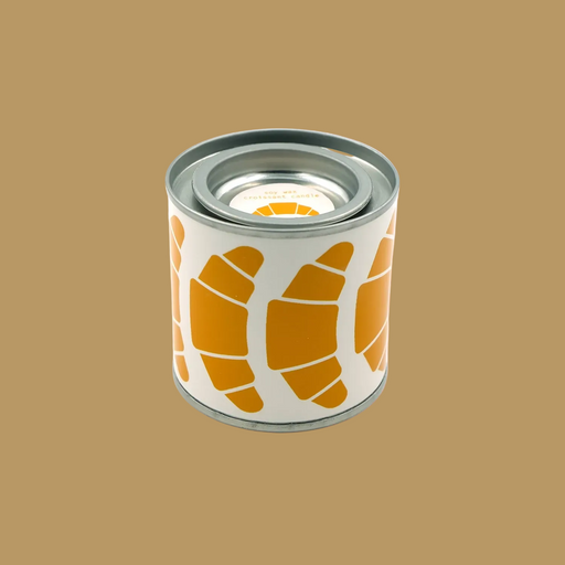 Cylindrical container with orange croissant illustration on a white background