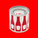 Cylindrical tin candle container with red and white bottle design on a blue background