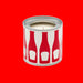 Candle in a can with red and white bottle design on a red background